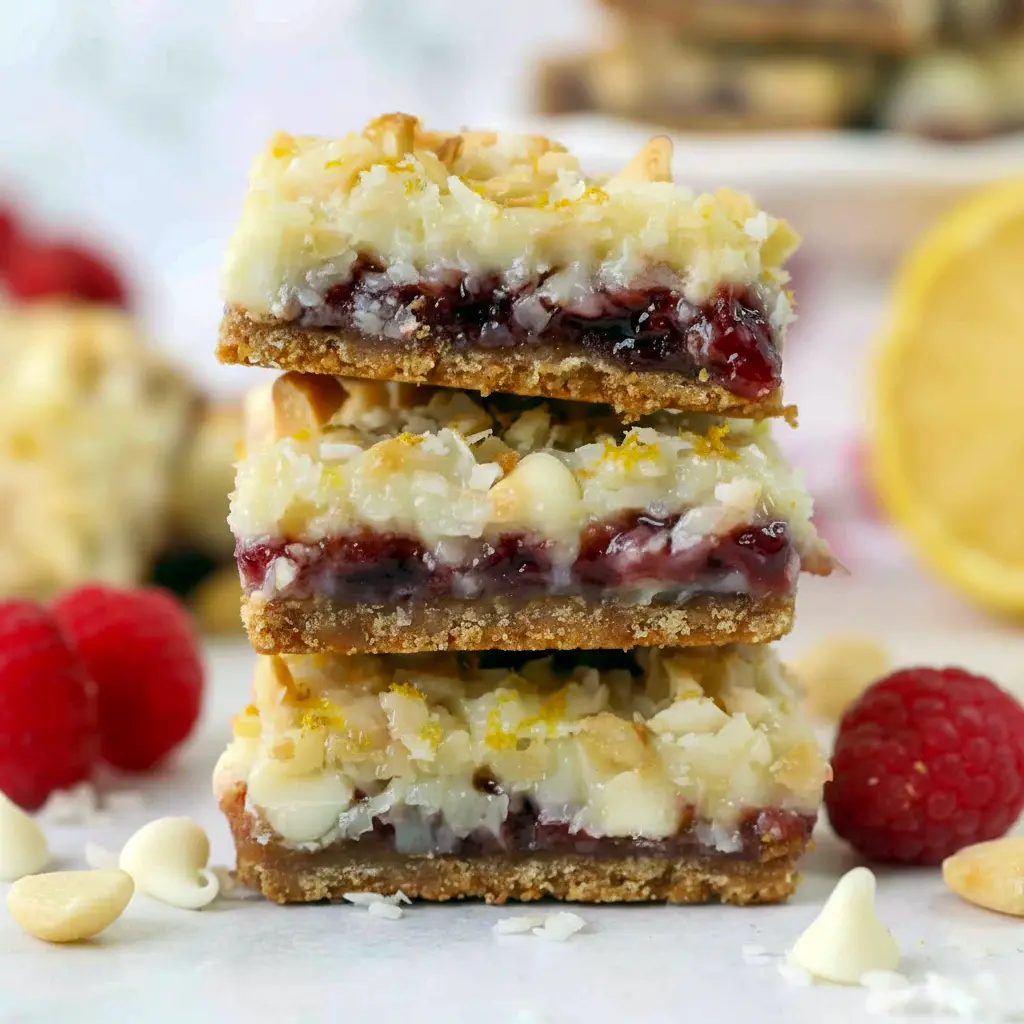 Lemon Magic Cookie Bars — close-up of jam-filled, coconut-topped squares; chewy, glossy Raspberry Jam Bars, Raspberry Magic Bars.