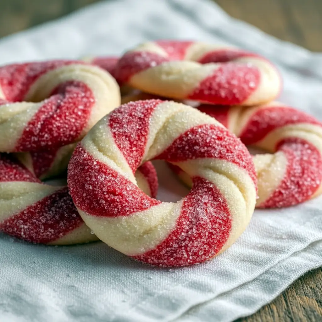 Close-up of round sugar cookies studded with crushed peppermint, arranged on a festive plate, Festive Christmas Cookies Recipes.