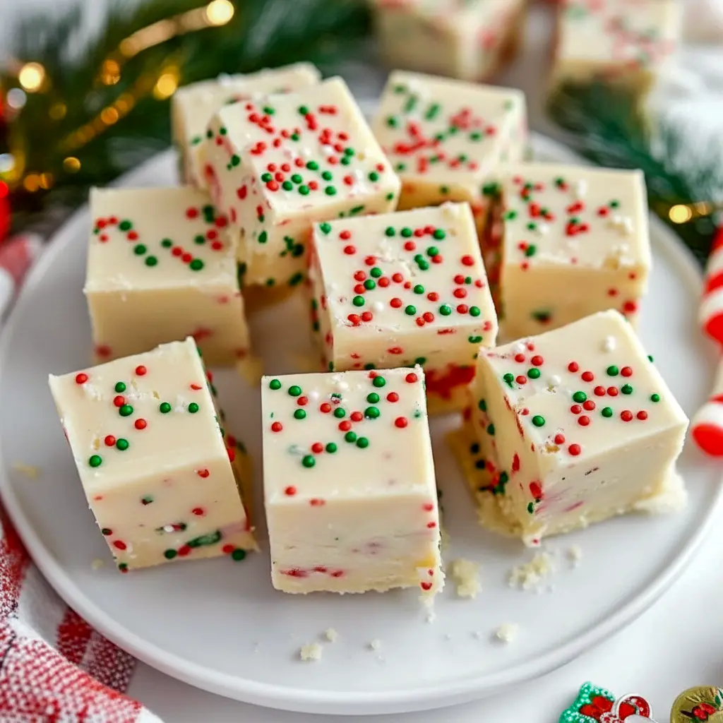 Cookie Monster Fudge Recipes–inspired white fudge squares with colorful sprinkles on a festive tray — a biteable Christmas Fudge next to tiny Brownie Desserts, a pin for Fudge Recipes Easy, Easy Christmas Cookie Fudge.
