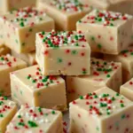 Cookie Monster Fudge Recipes–inspired white fudge squares with colorful sprinkles on a festive tray — a biteable Christmas Fudge next to tiny Brownie Desserts, a pin for Fudge Recipes Easy, Easy Christmas Cookie Fudge.