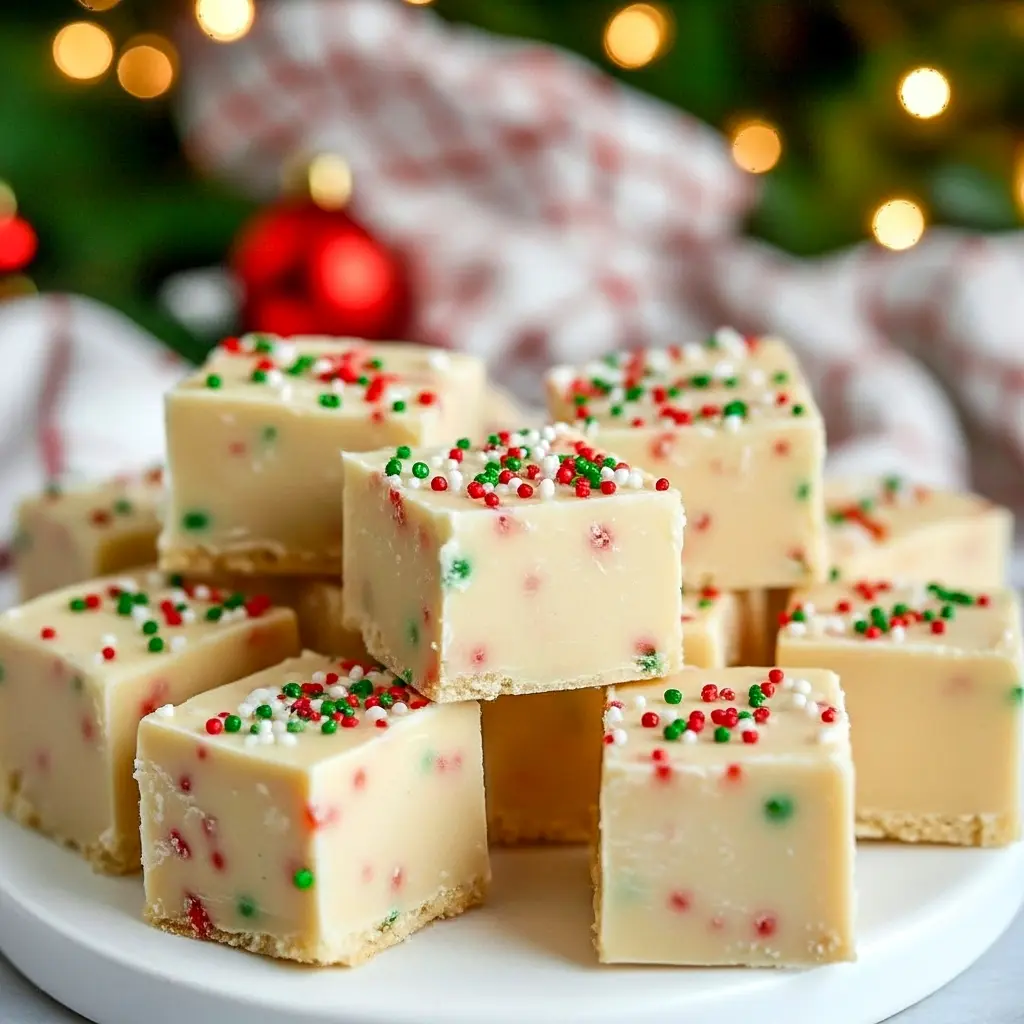 Cookie Monster Fudge Recipes–inspired white fudge squares with colorful sprinkles on a festive tray — a biteable Christmas Fudge next to tiny Brownie Desserts, a pin for Fudge Recipes Easy, Easy Christmas Cookie Fudge.