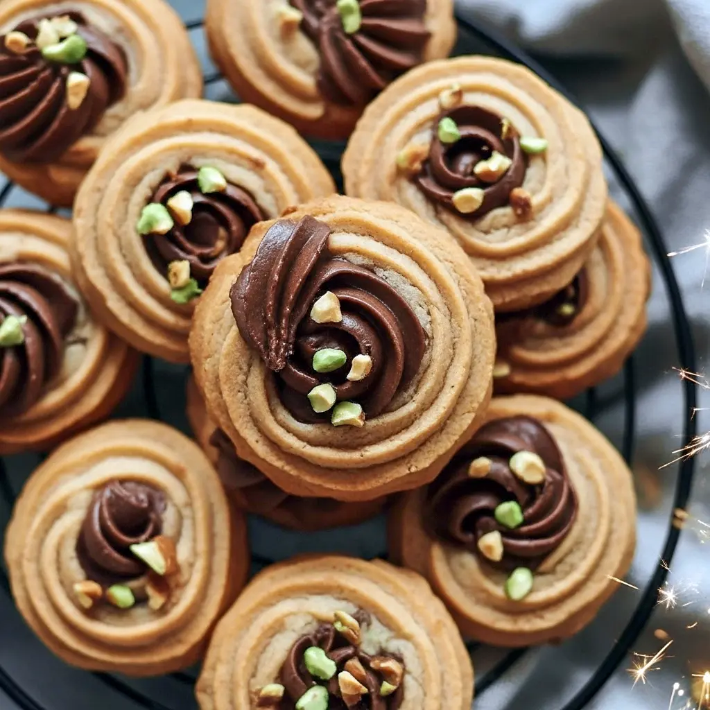 Close-up of coffee butter cookies piped into rosettes, drizzled with dark chocolate and topped with chopped pistachios on a festive plate, Christmas Desserts.