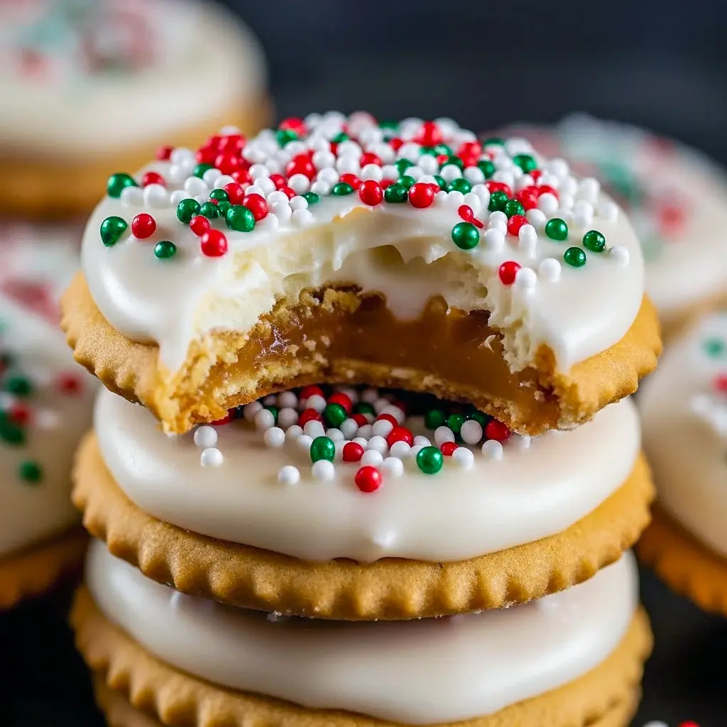 Caramel-filled Ritz cracker sandwiches dipped in white chocolate and topped with red, white, and green sprinkles on a festive plate, Christmas Sweet Treats.