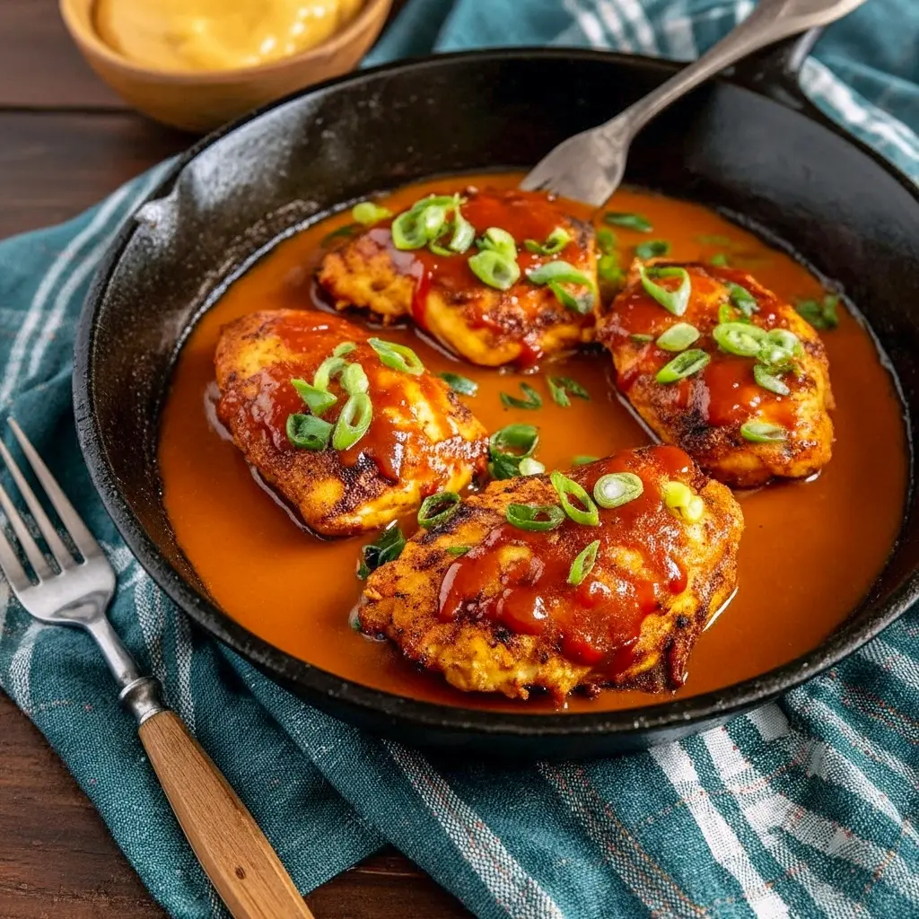 Glossy skillet of chicken and bell peppers, sesame seeds and green onions — a Spicy Chicken Breast Dish and one of many Spicy Chicken Dinner Options for a fiery Spicy Dinner, Spicy Chicken Skillet.