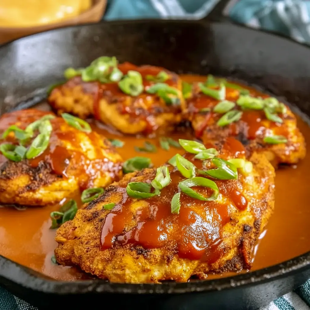 Glossy skillet of chicken and bell peppers, sesame seeds and green onions — a Spicy Chicken Breast Dish and one of many Spicy Chicken Dinner Options for a fiery Spicy Dinner, Spicy Chicken Skillet.