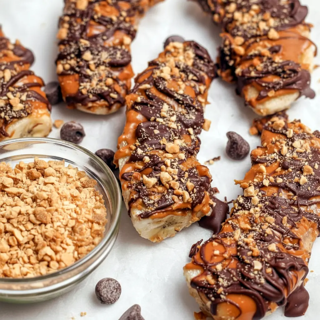 Frozen banana slices topped with peanut butter, chopped peanuts, and dark chocolate drizzle on parchment paper, Healthy Banana Treats.