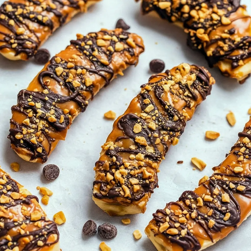 Frozen banana slices topped with peanut butter, chopped peanuts, and dark chocolate drizzle on parchment paper, Healthy Banana Treats.
