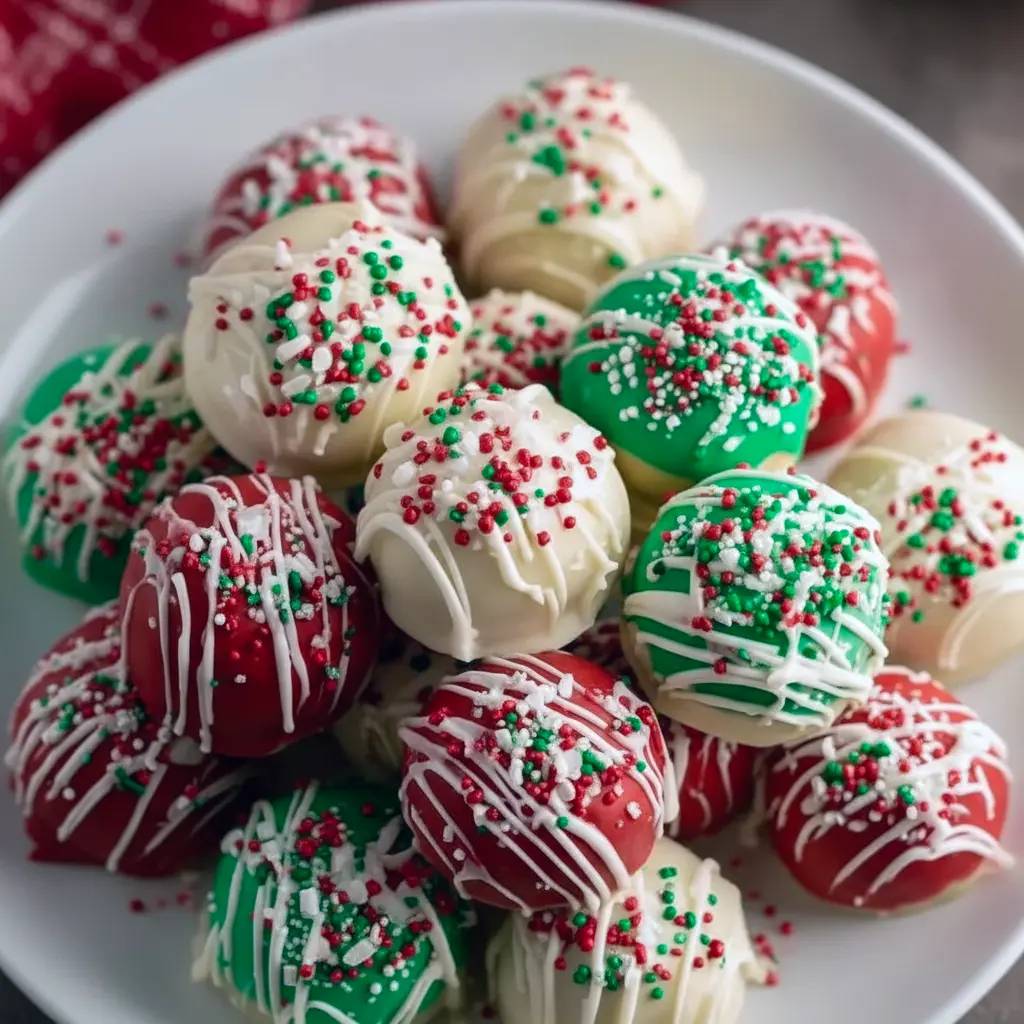 Close-up of glossy, candy-coated cheesecake bites on a holiday platter, a modern spin on Christmas Baked Treats, styled as easy Christmas Movie Snacks and charming Small Christmas Desserts, perfect little Holiday Sweets, Quick And Easy Christmas Desserts.