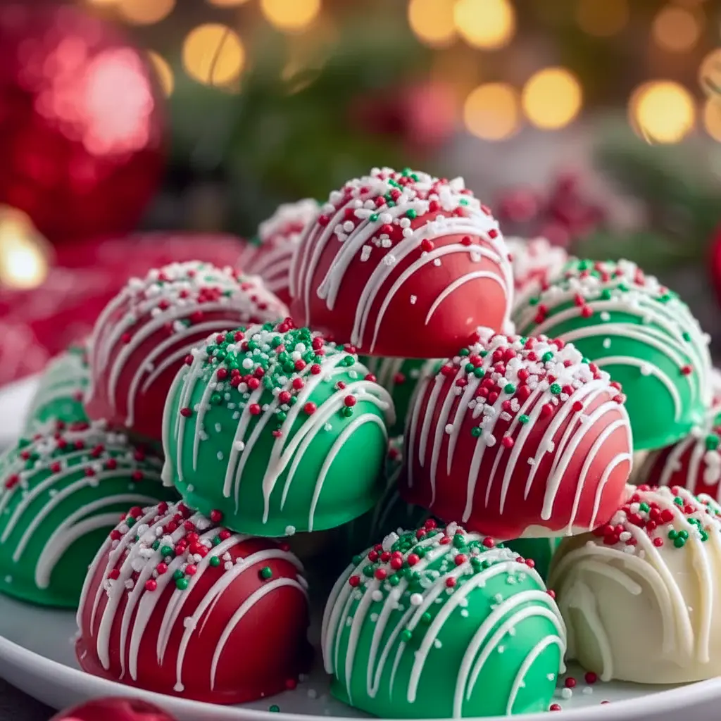 Close-up of glossy, candy-coated cheesecake bites on a holiday platter, a modern spin on Christmas Baked Treats, styled as easy Christmas Movie Snacks and charming Small Christmas Desserts, perfect little Holiday Sweets, Quick And Easy Christmas Desserts.