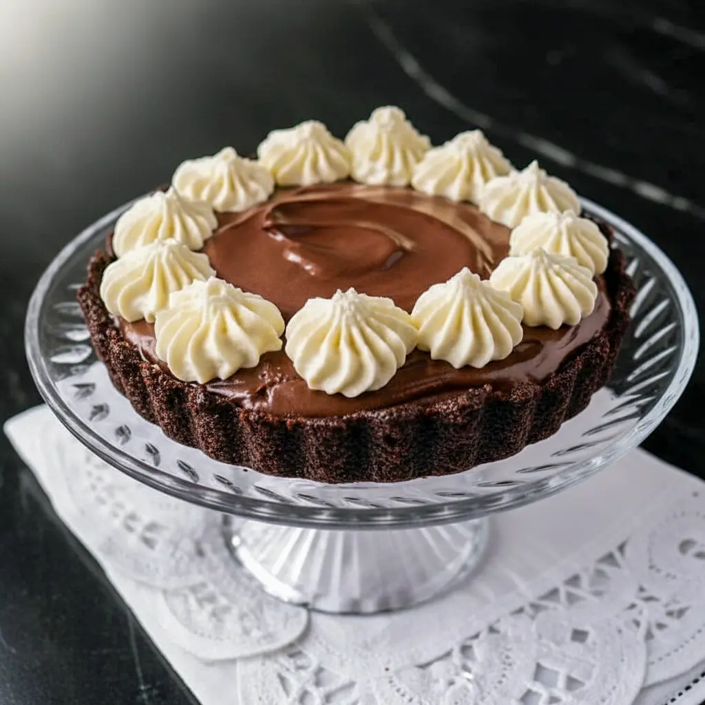 Single-serve chocolate silk pie in a small dish, topped with whipped cream and chocolate shavings — a rich, no-bake low-carb dessert, Keto French Silk Pie.