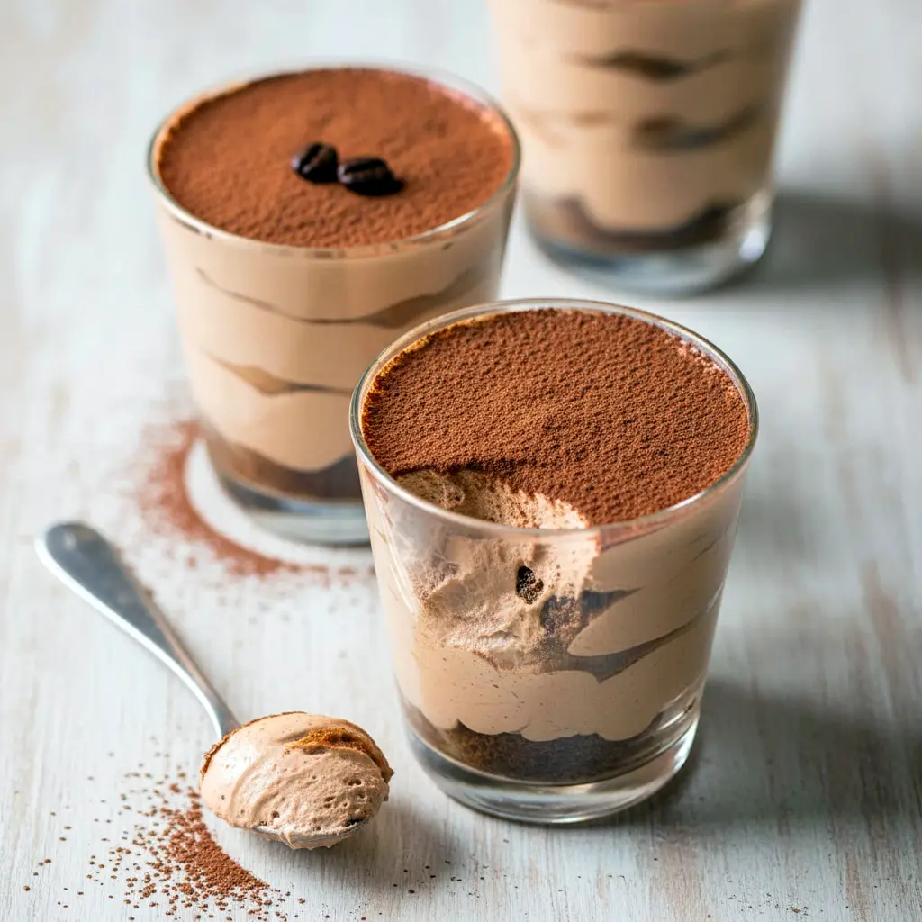 Close-up of a layered chocolate-coffee mousse in a glass, dusted with cocoa and topped with a coffee bean — a decadent Keto Tiramisu that reads like a Keto Chocolate Cheesecake Mousse and works as a quick Keto Tiramisu Recipe Without Mascarpone, Keto Tiramisu Mousse.