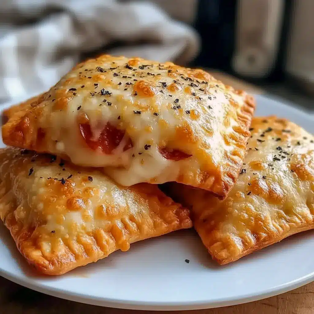 Golden baked pizza pockets with melted cheese oozing and a small bowl of marinara for dipping.