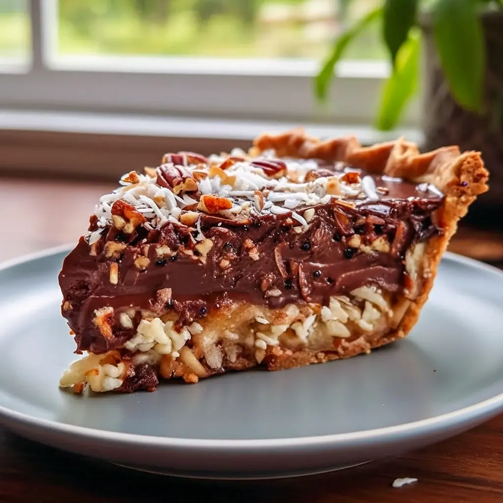 Glossy chocolate pie slice on a white plate with coconut-pecan topping and Oreo crust, Chocolate Almond Pie inspiration meets a Decadent Chocolate Pie vibe, nodding to a mini 7 Layer Pie and written as a simple German Pie Recipe for lovers of German Chocolate Desserts Easy, No Bake German Choc Pie.