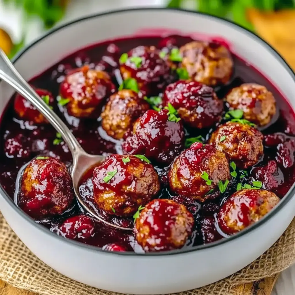 Glossy cranberry-glazed meatballs piled in a festive bowl, garnished with rosemary and served with toothpicks for easy snacking, Easy Cute Christmas Appetizers.