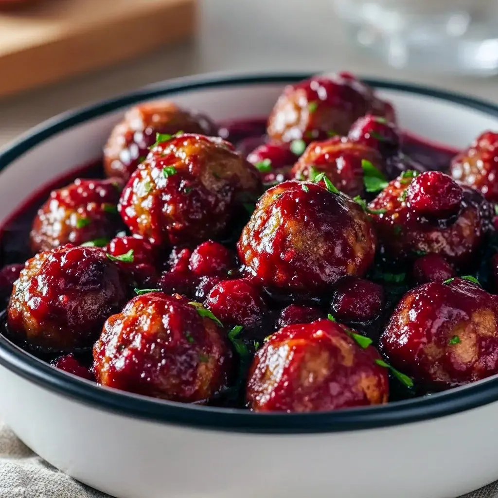 Glossy cranberry-glazed meatballs piled in a festive bowl, garnished with rosemary and served with toothpicks for easy snacking, Easy Cute Christmas Appetizers.