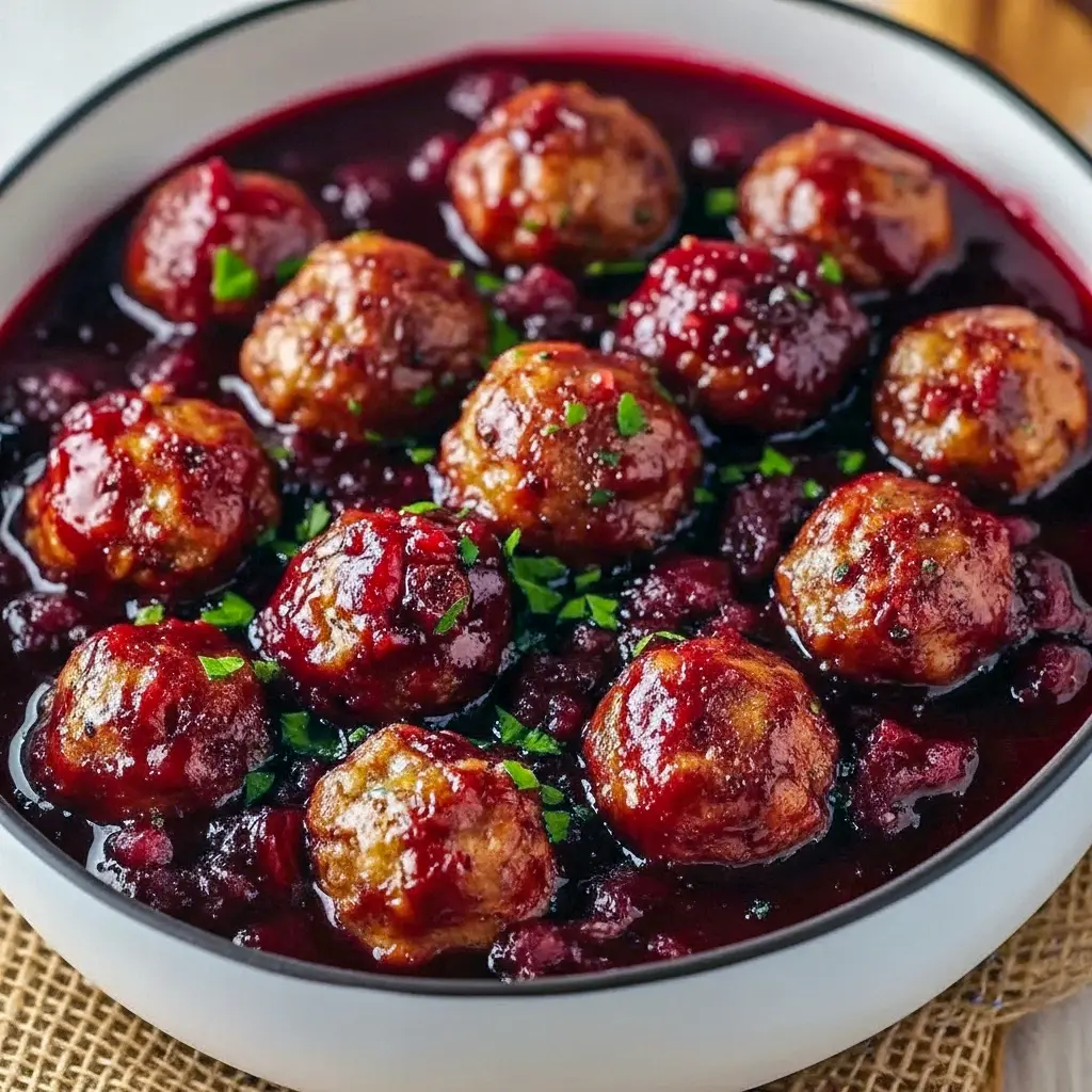 Glossy cranberry-glazed meatballs piled in a festive bowl, garnished with rosemary and served with toothpicks for easy snacking, Easy Cute Christmas Appetizers.