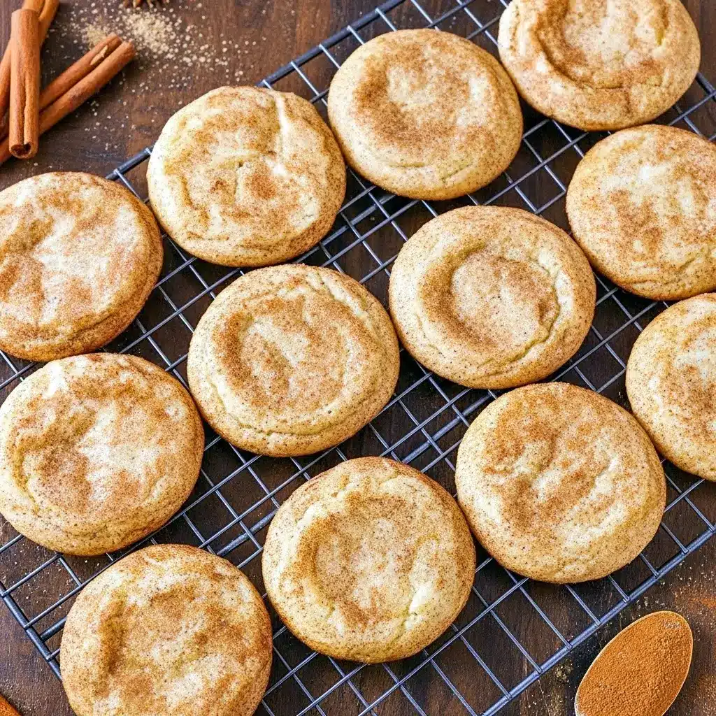 A stack of freshly baked snickerdoodle cookies dusted in cinnamon sugar, showing soft centers and crackled tops on a cooling rack, Soft And Chewy Snickerdoodle Cookies Recipe.