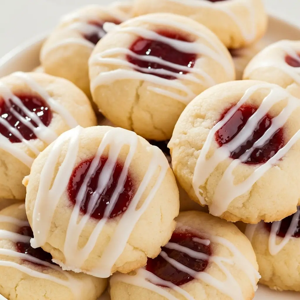 Raspberry Almond Shortbread Cookies — golden shortbread rounds with glossy raspberry jam centers and a light almond-scented glaze on a festive plate.