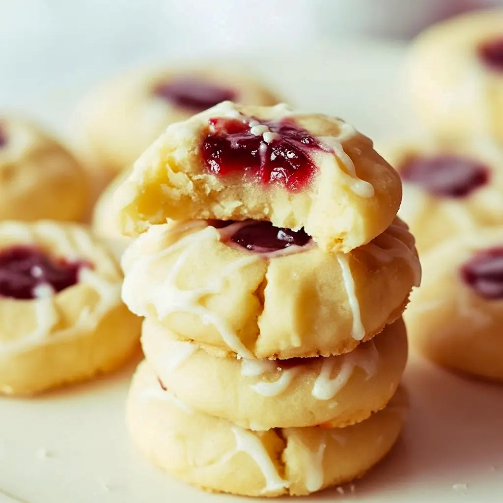 Raspberry Almond Shortbread Cookies — golden shortbread rounds with glossy raspberry jam centers and a light almond-scented glaze on a festive plate.