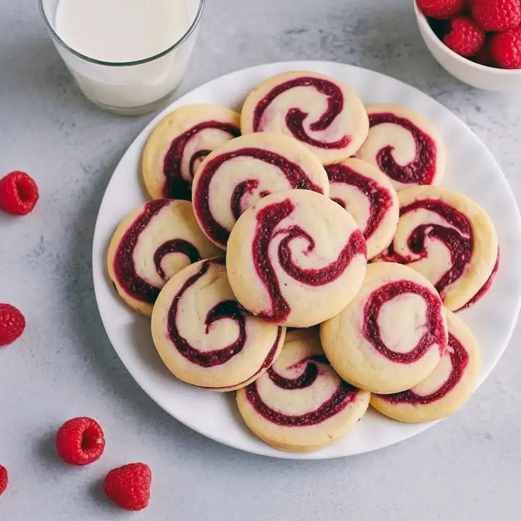 Close-up of golden shortbread rounds with raspberry swirls, some finished with a thin chocolate drizzle, arranged on a festive holiday plate, Christmas Cookies.