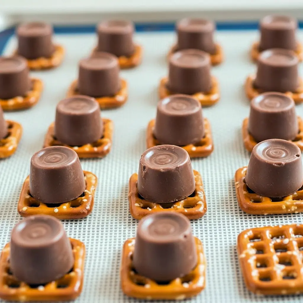 Close-up of Rolo-topped pretzel bites with M&M centers and festive sprinkles, cooling on parchment-lined baking sheet, Easy Christmas Treats.