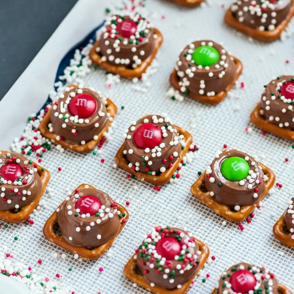 Close-up of Rolo-topped pretzel bites with M&M centers and festive sprinkles, cooling on parchment-lined baking sheet, Easy Christmas Treats.