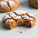 Close-up of powdered-sugar-coated gingerbread crinkle cookies with deep cracks, cooling on a wire rack, Christmas Desserts Traditional.