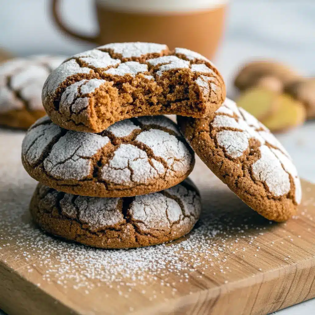 Close-up of powdered-sugar-coated gingerbread crinkle cookies with deep cracks, cooling on a wire rack, Christmas Desserts Traditional.
