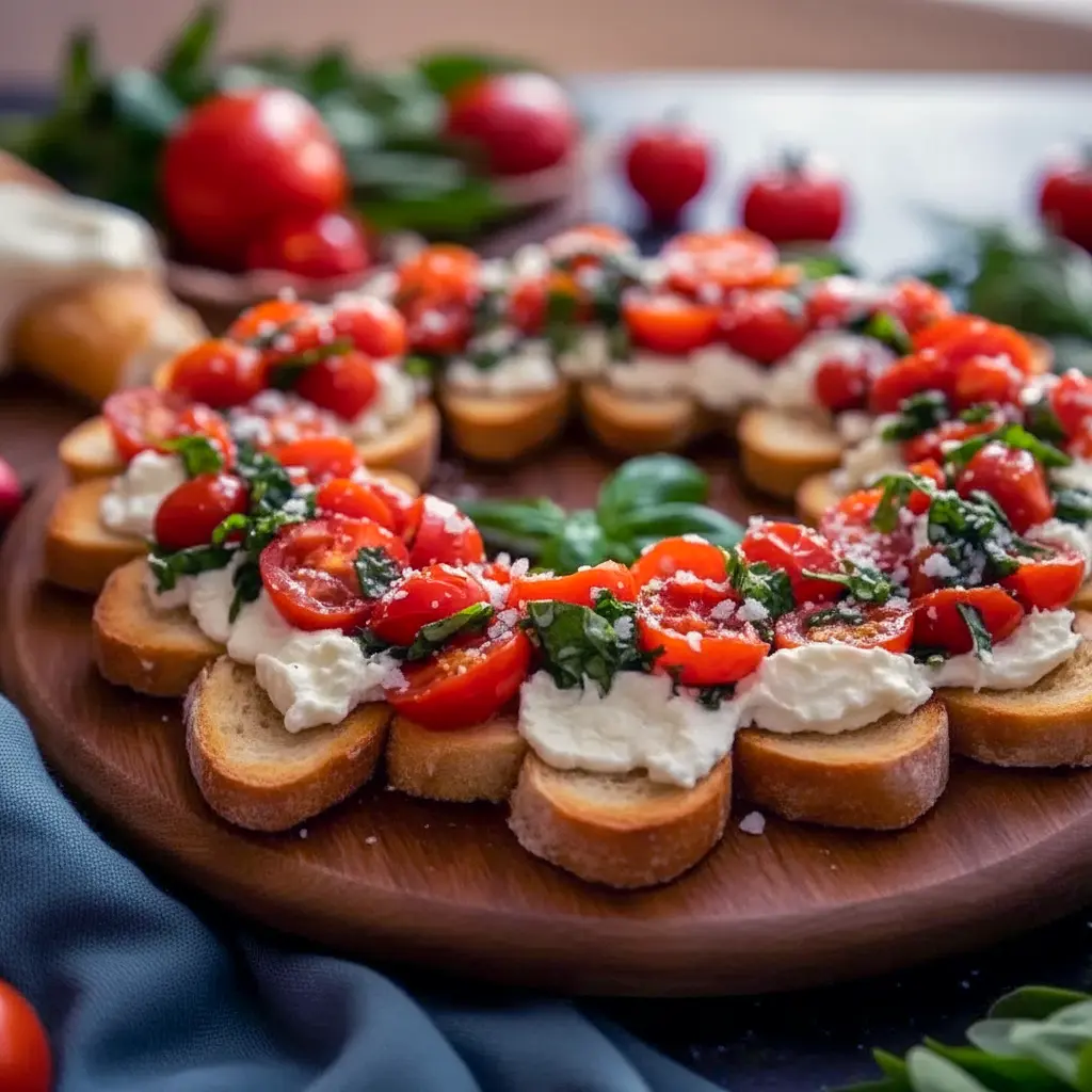 Round platter of toasted baguette rounds topped with tomato-basil and ricotta mixture, arranged like a festive wreath and garnished with rosemary and pomegranate seeds, Christmas Party Food To Share.