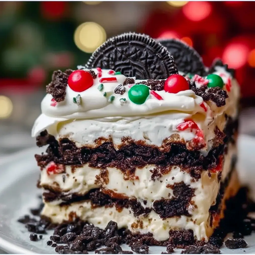 Close-up of a sliced no-bake Oreo lasagna showing distinct Oreo crust, creamy layers, and festive sprinkles — a great example of Christmas Dessert Ideas Easy Simple and a no-oven twist on Christmas Dessert Ideas Cake, ideal for Christmas Desserts Chocolate lovers and one of the best Christmas No Bake Desserts, Festive Christmas Desserts.