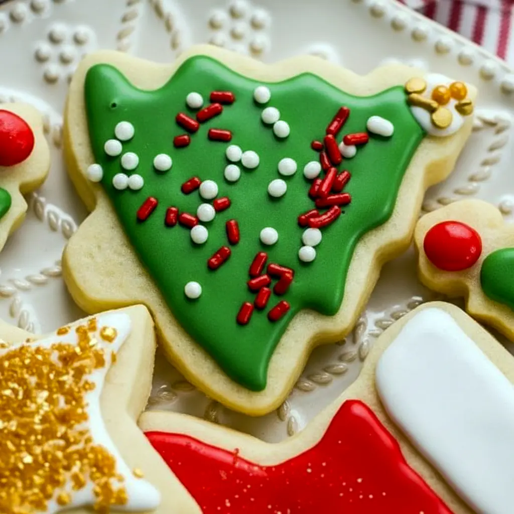 Assorted thick, soft cutout sugar cookies iced with pastel royal icing and snowflake sprinkles on a white cooling rack, Soft Cutout Sugar Cookie Recipe.