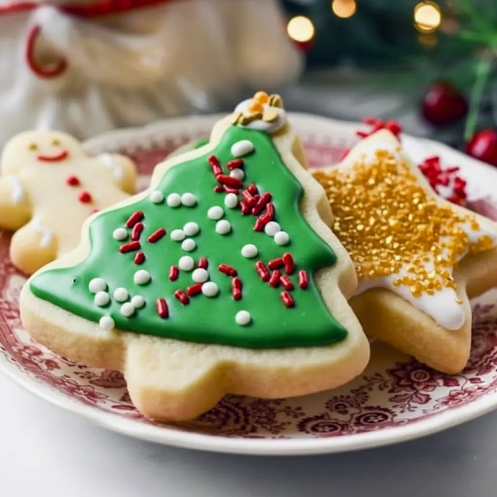 Assorted thick, soft cutout sugar cookies iced with pastel royal icing and snowflake sprinkles on a white cooling rack, Soft Cutout Sugar Cookie Recipe.