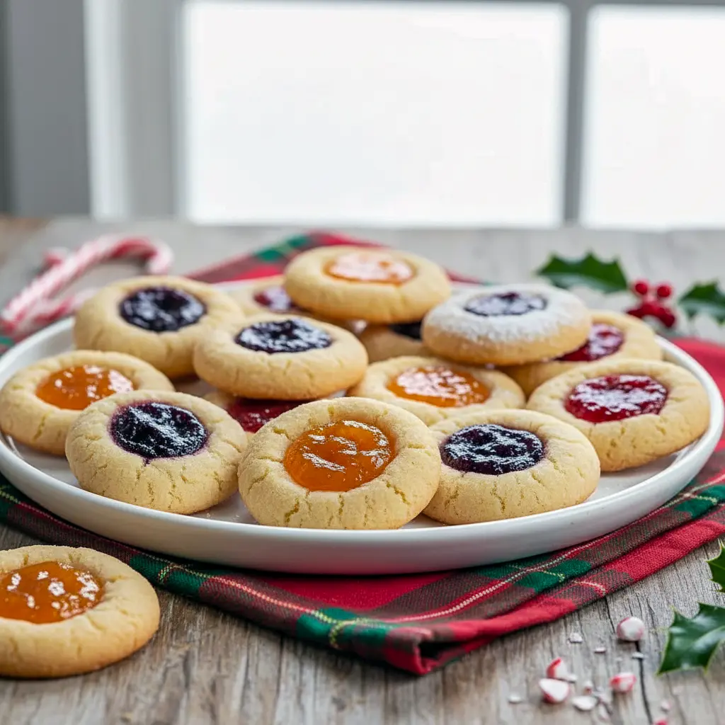 Close-up of soft, golden thumbprint cookies filled with glossy raspberry jam, arranged on a festive plate, Christmas Simple Desserts.