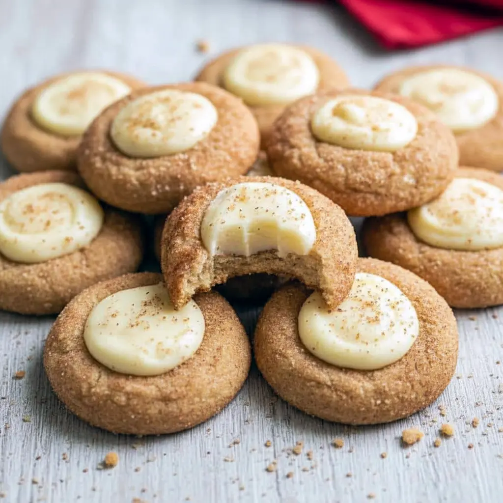 Cinnamon-sugar snickerdoodle thumbprint cookies filled with creamy white eggnog ganache and topped with grated nutmeg on a cooling rack, The Best Holiday Cookies.