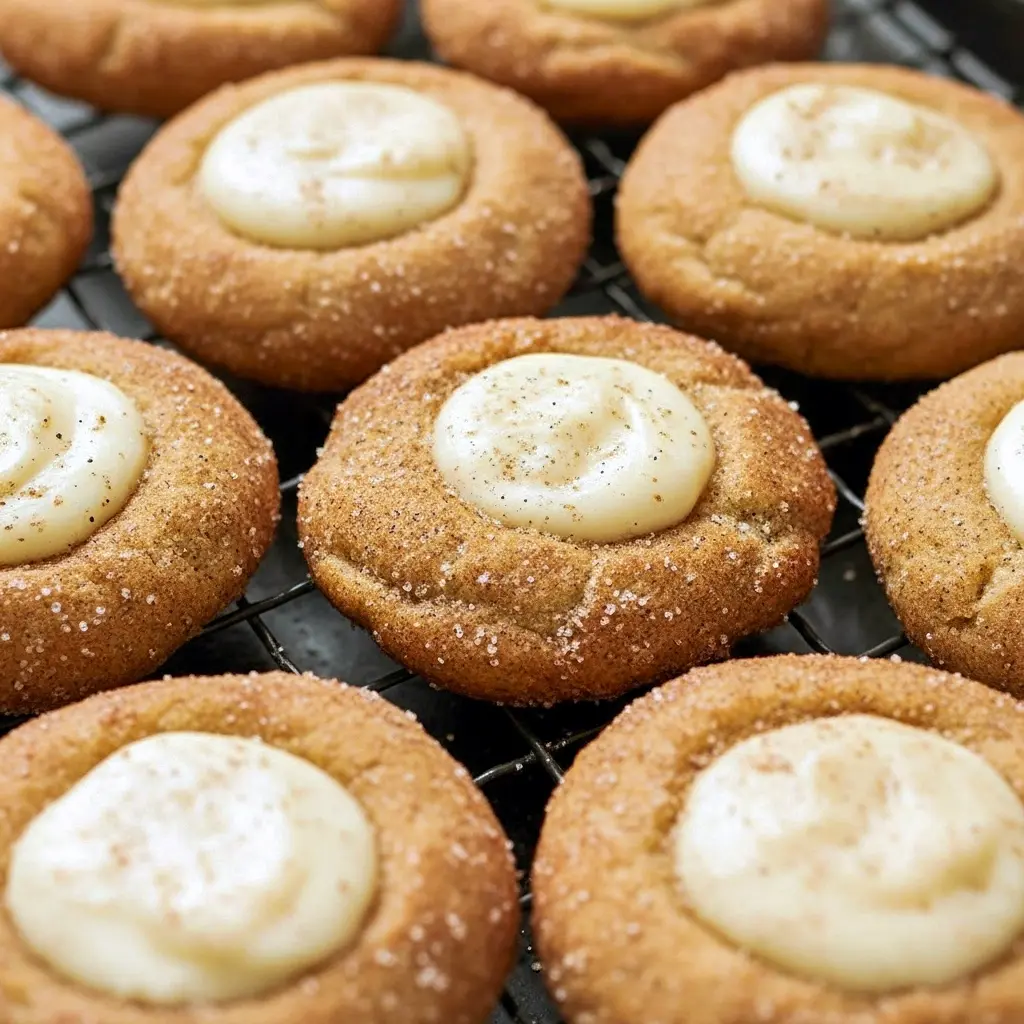 Cinnamon-sugar snickerdoodle thumbprint cookies filled with creamy white eggnog ganache and topped with grated nutmeg on a cooling rack, The Best Holiday Cookies.