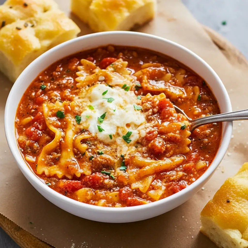 Hearty bowl of lasagna-style soup with bowtie pasta, browned beef, melted mozzarella, dollops of ricotta, grated Parmesan and chopped parsley, served with crusty bread, The Best Lasagna Soup.
