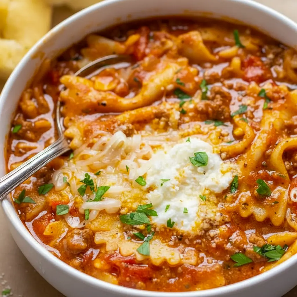 Hearty bowl of lasagna-style soup with bowtie pasta, browned beef, melted mozzarella, dollops of ricotta, grated Parmesan and chopped parsley, served with crusty bread, The Best Lasagna Soup.
