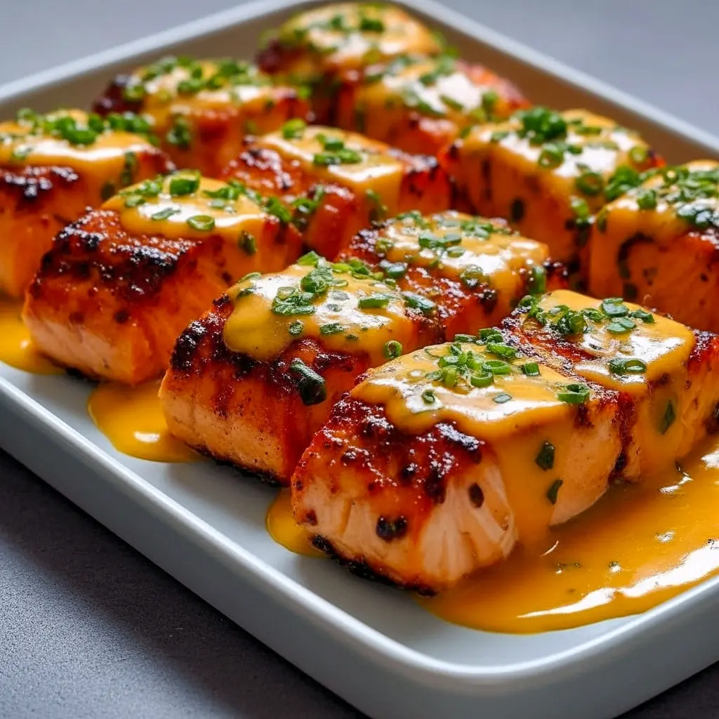 Glazed Bang Bang salmon fillet topped with sesame seeds and chopped scallions, served with a lime wedge on a white plate, Baked Salmon Recipes.