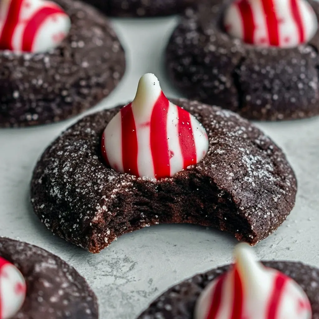 Close-up of a fudgy cookie with a white-striped Kiss pressed into the warm center, showcasing Chocolate Mint Blossoms with crushed candy cane, seasonal Peppermint Blossoms sparkle, and a single Peppermint Blossom in front, Chocolate Peppermint Blossoms.