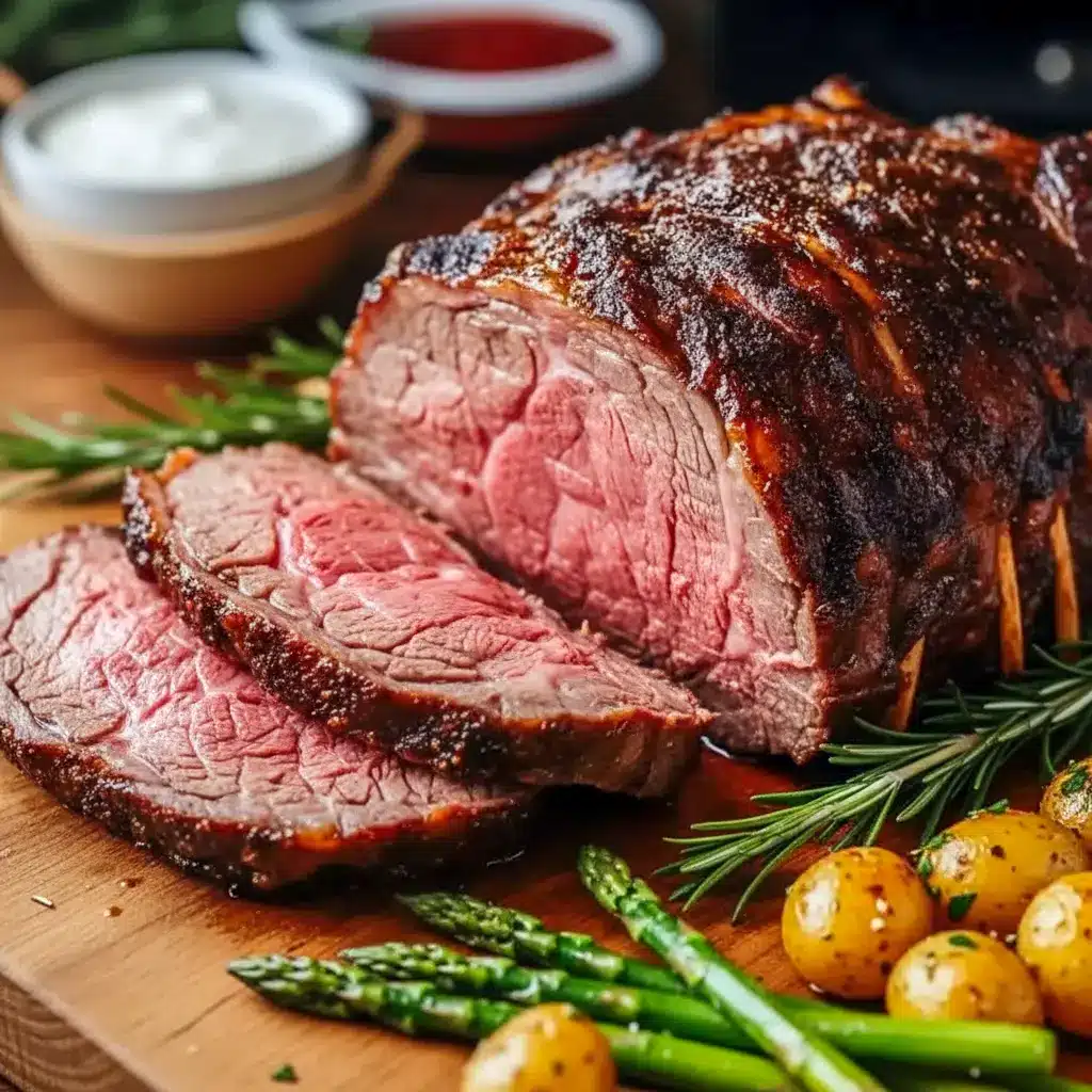 Sliced prime rib on a platter with au jus and horseradish, styled for a Large Prime Rib Roast Oven feast; close-up of a classic Roasted Prime Rib Roast showcasing the meat’s juices — ideal for a Prime Rib Roast Recipe Bone In Oven guide or round-up of Oven Prime Rib Roast Recipes, Oven Roasted Prime Rib Roast.