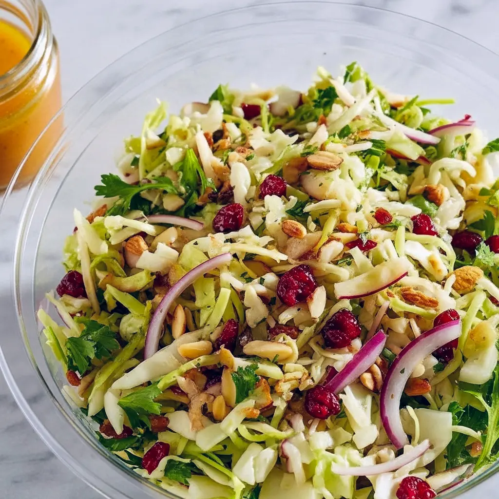 Close-up of shredded cabbage slaw with dried cranberries and toasted almonds, drizzled in vinaigrette — great for Aderezos Para Ensaladas, shown as a simple Slaw Recipes idea and a bright option among Thanksgiving Dishes and Thanksgiving Sides, Fall Coleslaw With Apples.