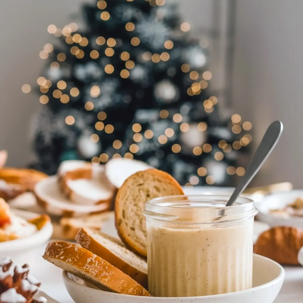 Jar of creamy eggnog jam beside buttered toast and a cinnamon stick, perfect for holiday breakfast, Breakfast Condiments.