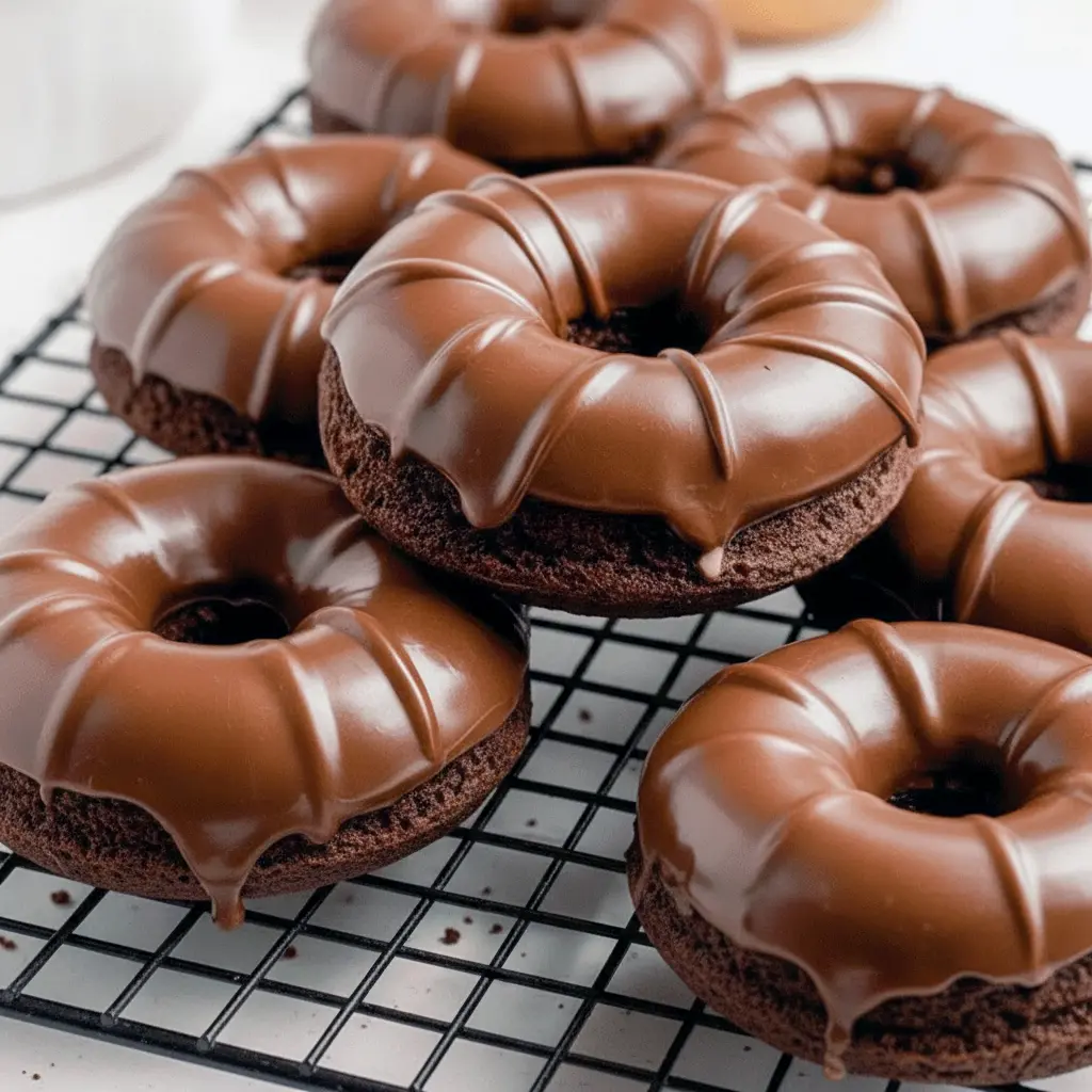 Chocolate protein donut with a glossy glaze and a light dusting of cocoa, stacked on a cooling rack, High Protein Baked Donuts.