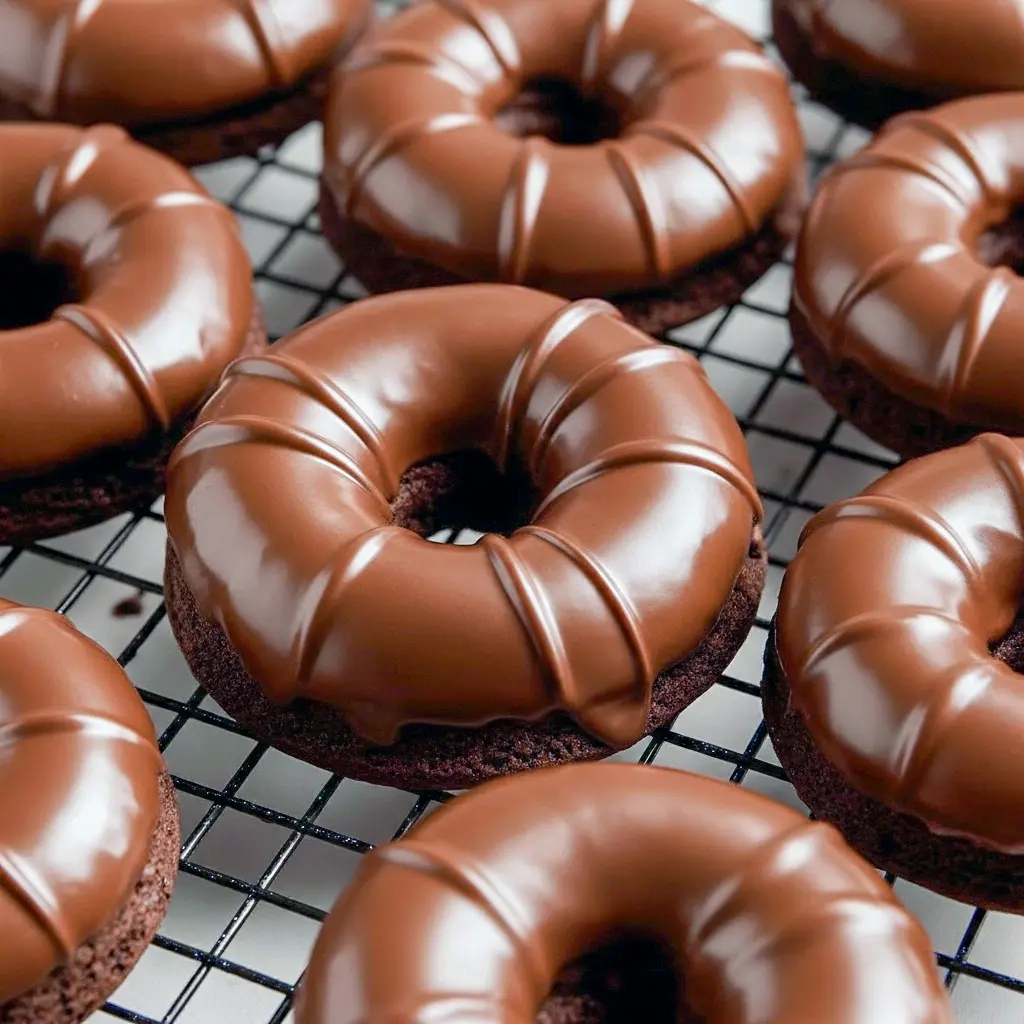 Chocolate protein donut with a glossy glaze and a light dusting of cocoa, stacked on a cooling rack, High Protein Baked Donuts.