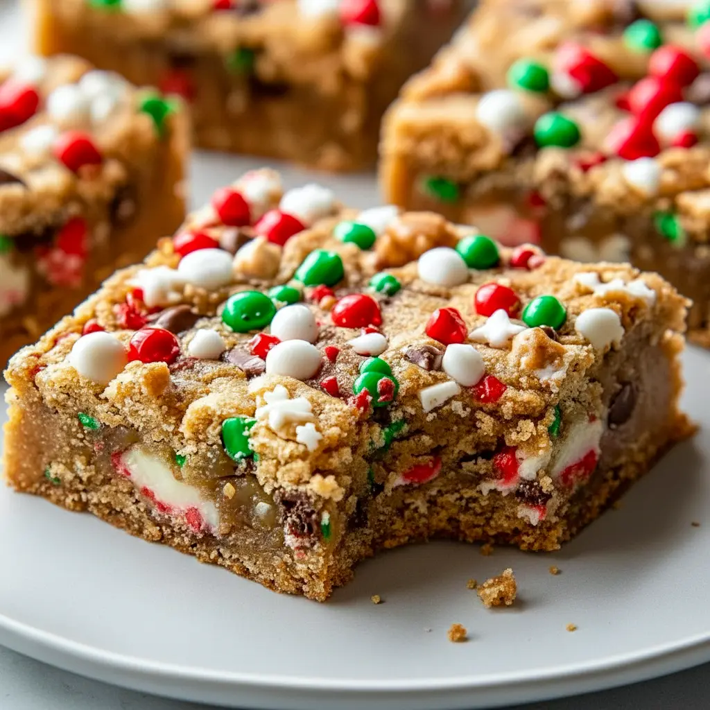Overhead shot of an 9x13 pan of golden-brown Christmas cookie bars cut into squares, topped with colorful sprinkles and scattered chocolate chips, Holiday Cookie Tray.