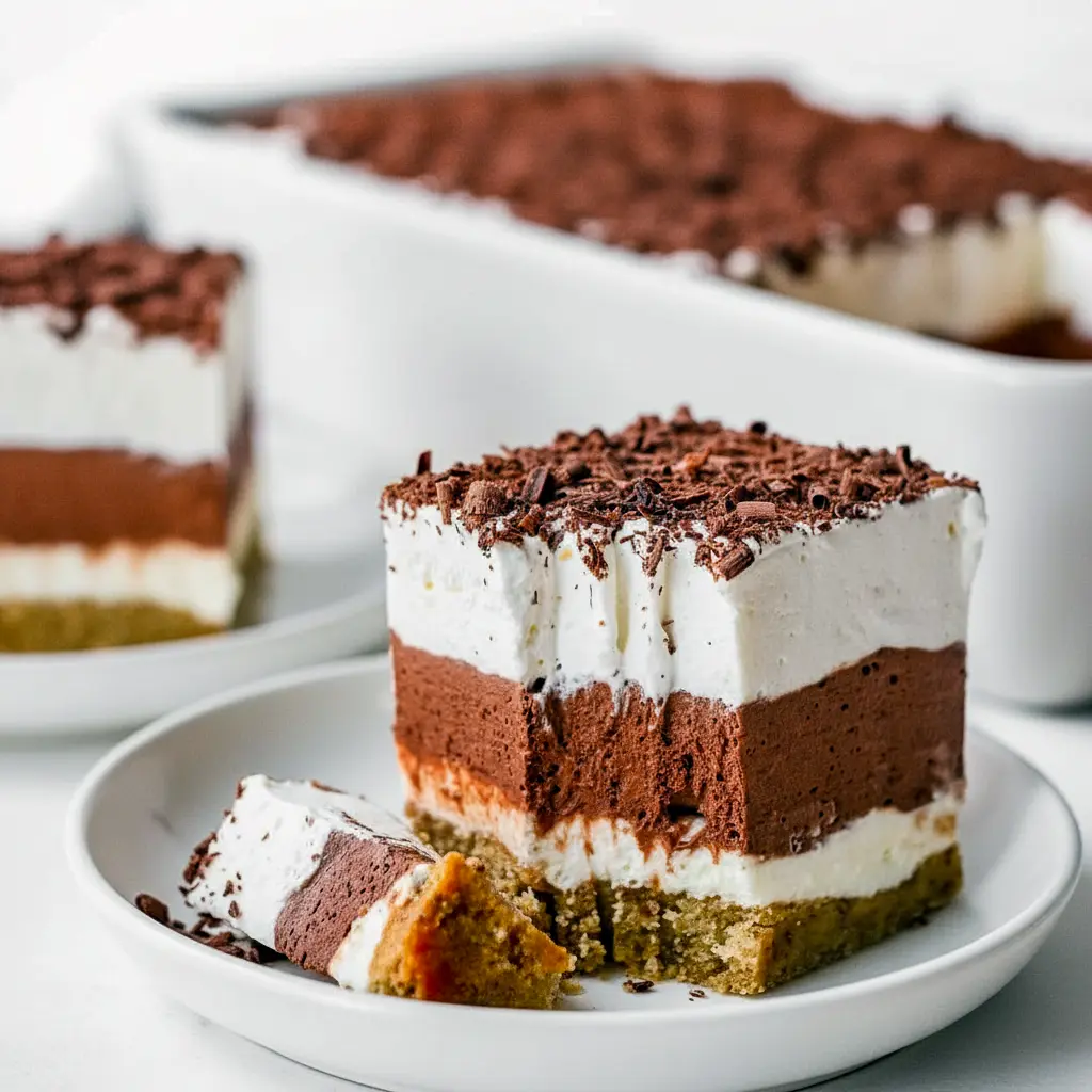 No-bake keto layered dessert with pecan crust, creamy sugar-free cream-cheese layer, chocolate pudding layer and whipped topping, sliced on a serving plate.