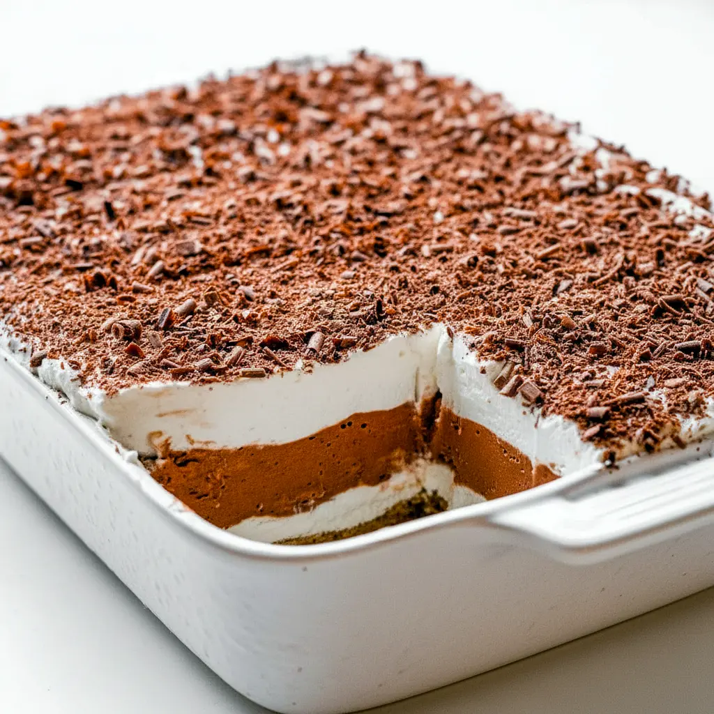 No-bake keto layered dessert with pecan crust, creamy sugar-free cream-cheese layer, chocolate pudding layer and whipped topping, sliced on a serving plate.
