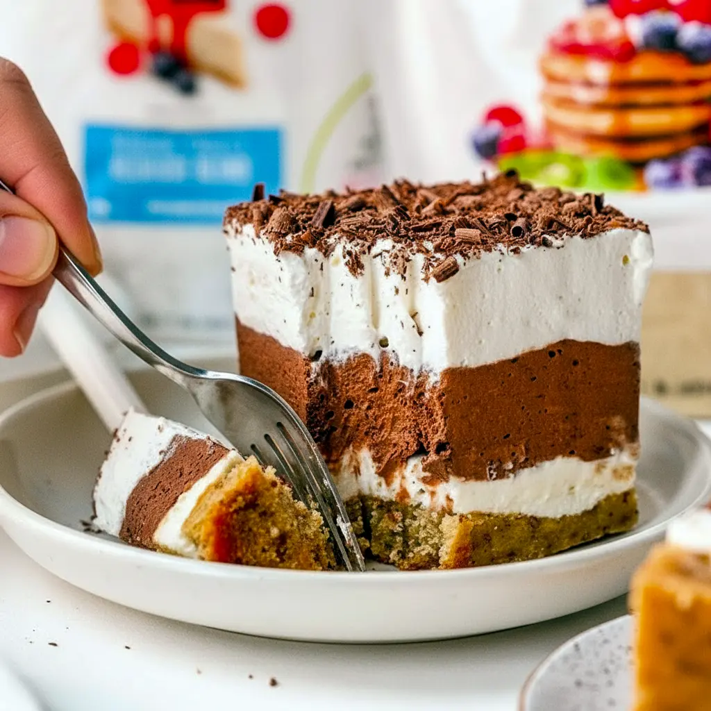 No-bake keto layered dessert with pecan crust, creamy sugar-free cream-cheese layer, chocolate pudding layer and whipped topping, sliced on a serving plate.