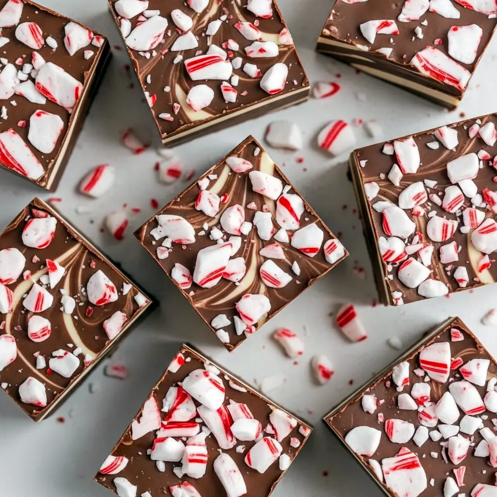 Close-up of neatly cut peppermint swirl fudge squares showing creamy white chocolate ribbons, dark chocolate base, and crushed candy cane topping, Holiday Cookie And Candy Recipes, White Chocolate Christmas Recipes Made Decadent.