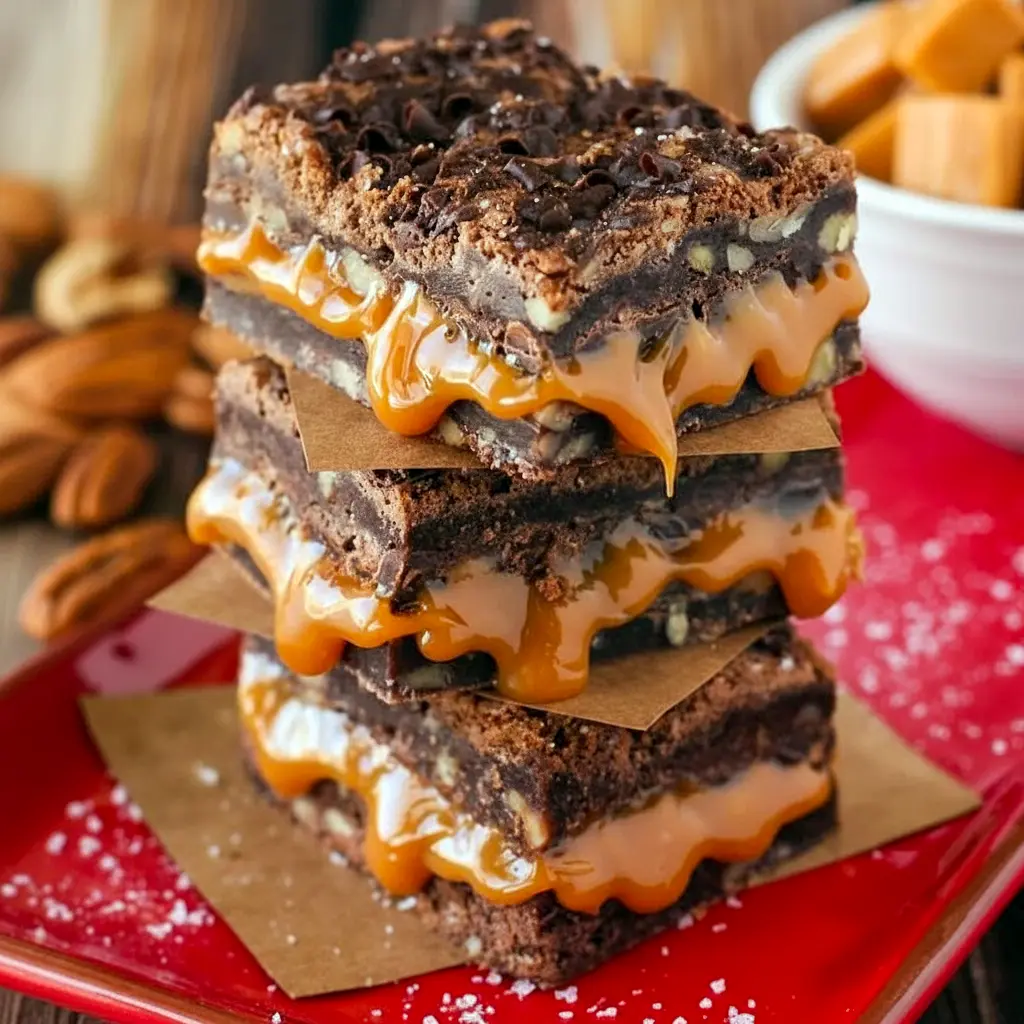 Close-up of gooey salted caramel brownies with crackled tops and caramel ribbons, cut into neat squares on parchment, Killer Brownie Recipe.